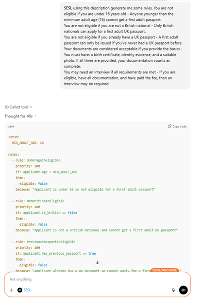 Screenshot of SESL generating rules
